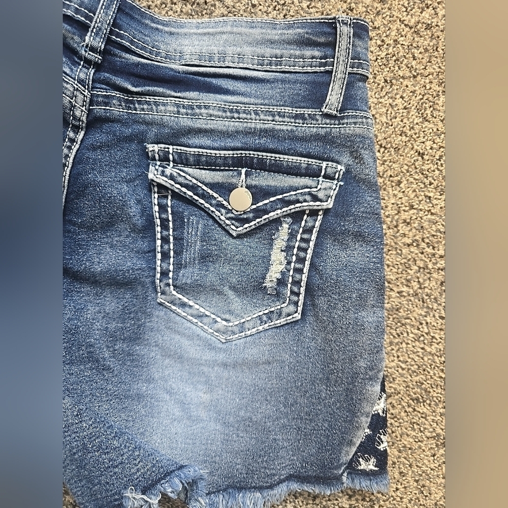 Distressed denim shorts Stars & Stripes Dark Wash High Rise Womens 29 - Picture 4 of 12